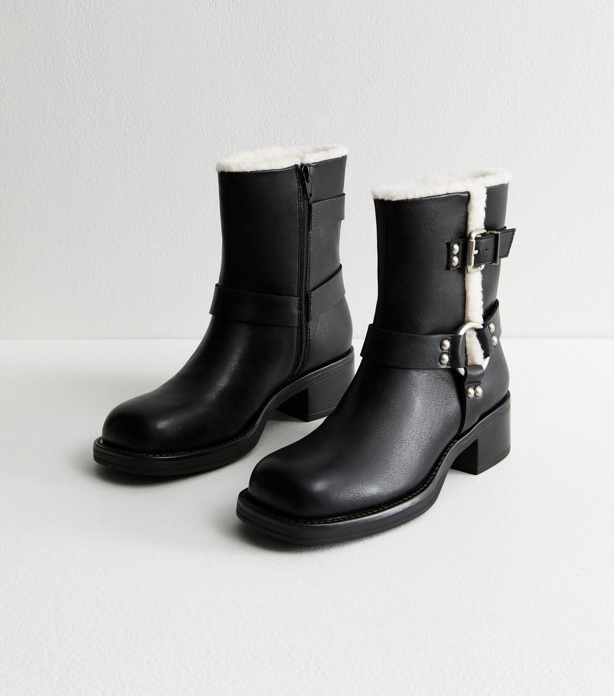 New Look Women's Black Faux Fur Trim Leather Look Biker Boots Vegan New Look - 4