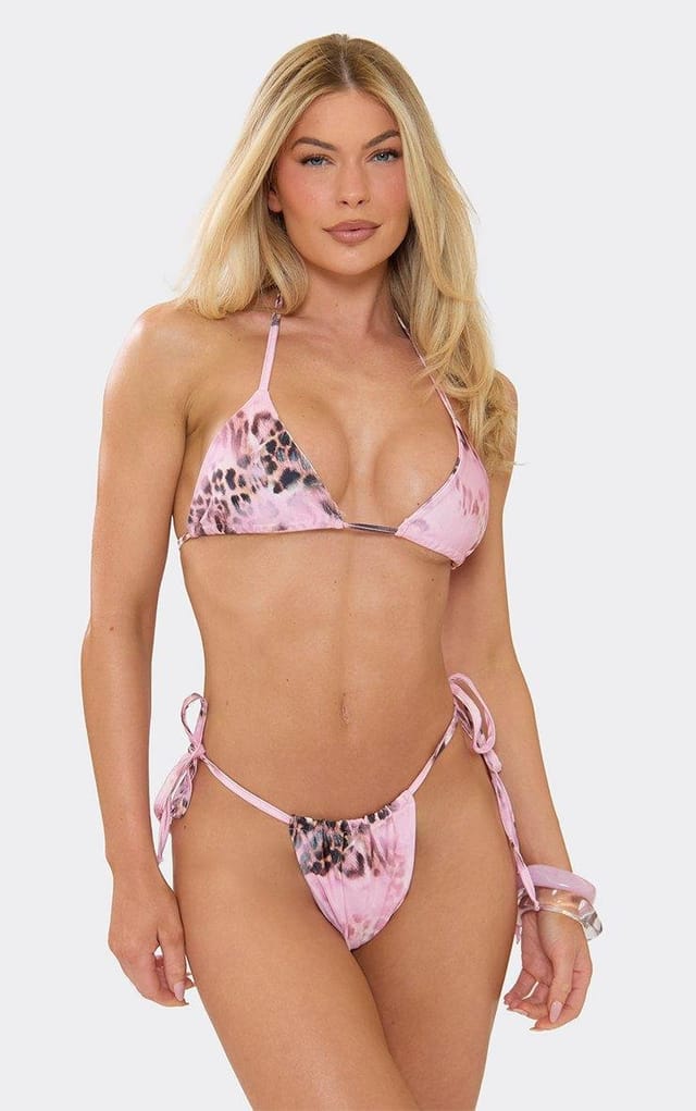 EGO Triangle Bikini Set In Pink Leopard Print, Women's Size UK 6 - 2