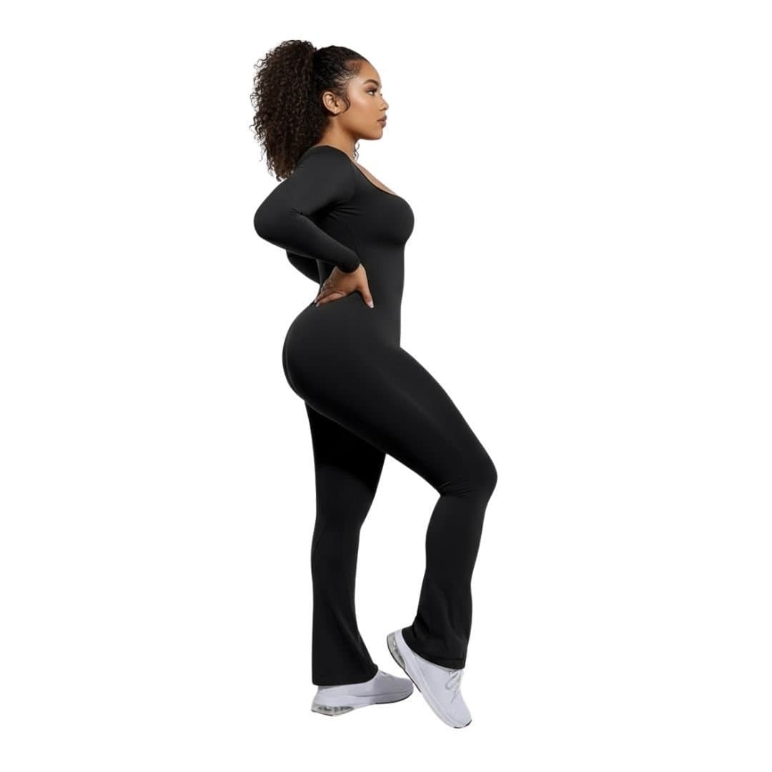 GWB Shapewear GWB Shapewear Women's Sculpt Me Cinch Waist Flared Leg Long Sleeves Jumpsuit Black