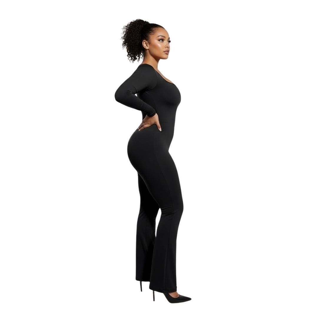 GWB Shapewear GWB Shapewear Women's Sculpt Me Cinch Waist Flared Leg Long Sleeves Jumpsuit Black - 2