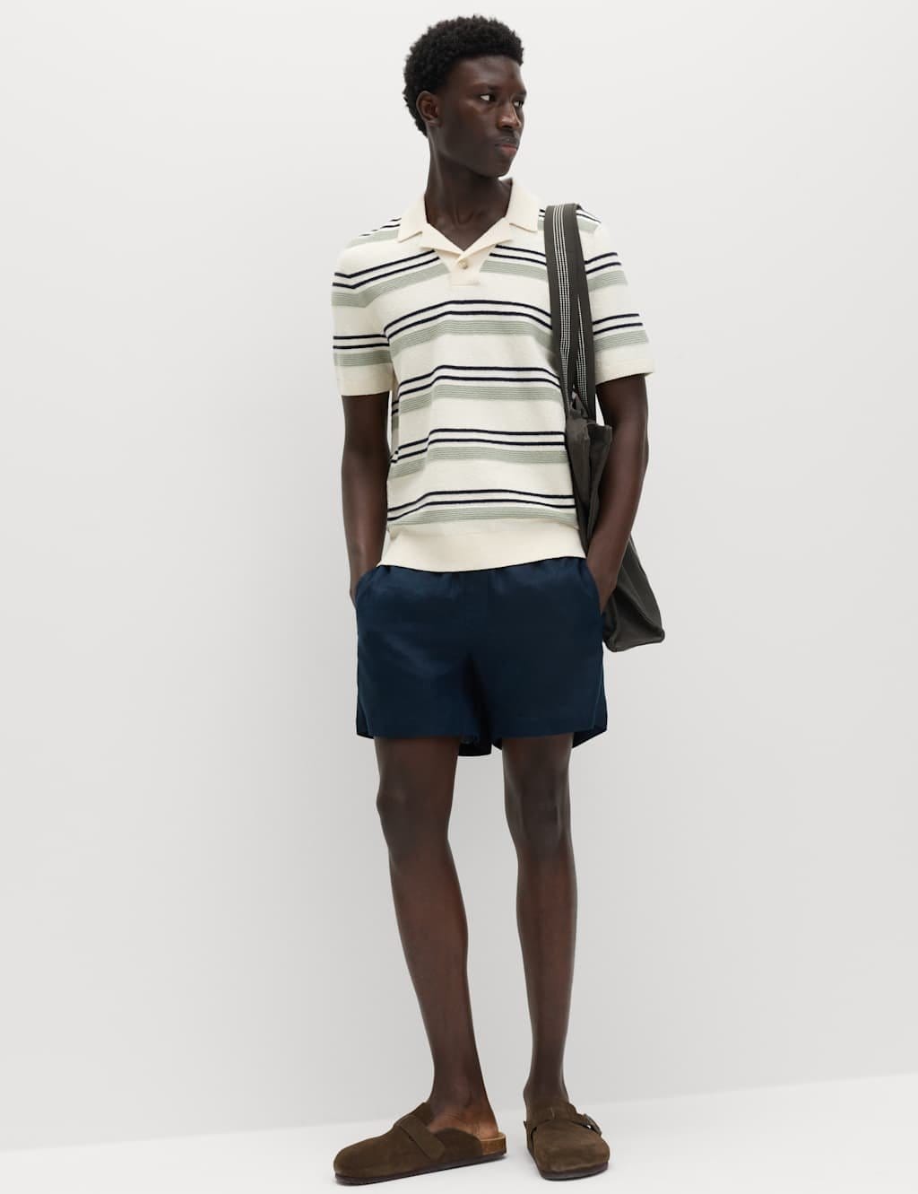 Marks & Spencer M&S Cotton Rich Bold Striped Boucle Polo Shirt Ecru Mix - 4