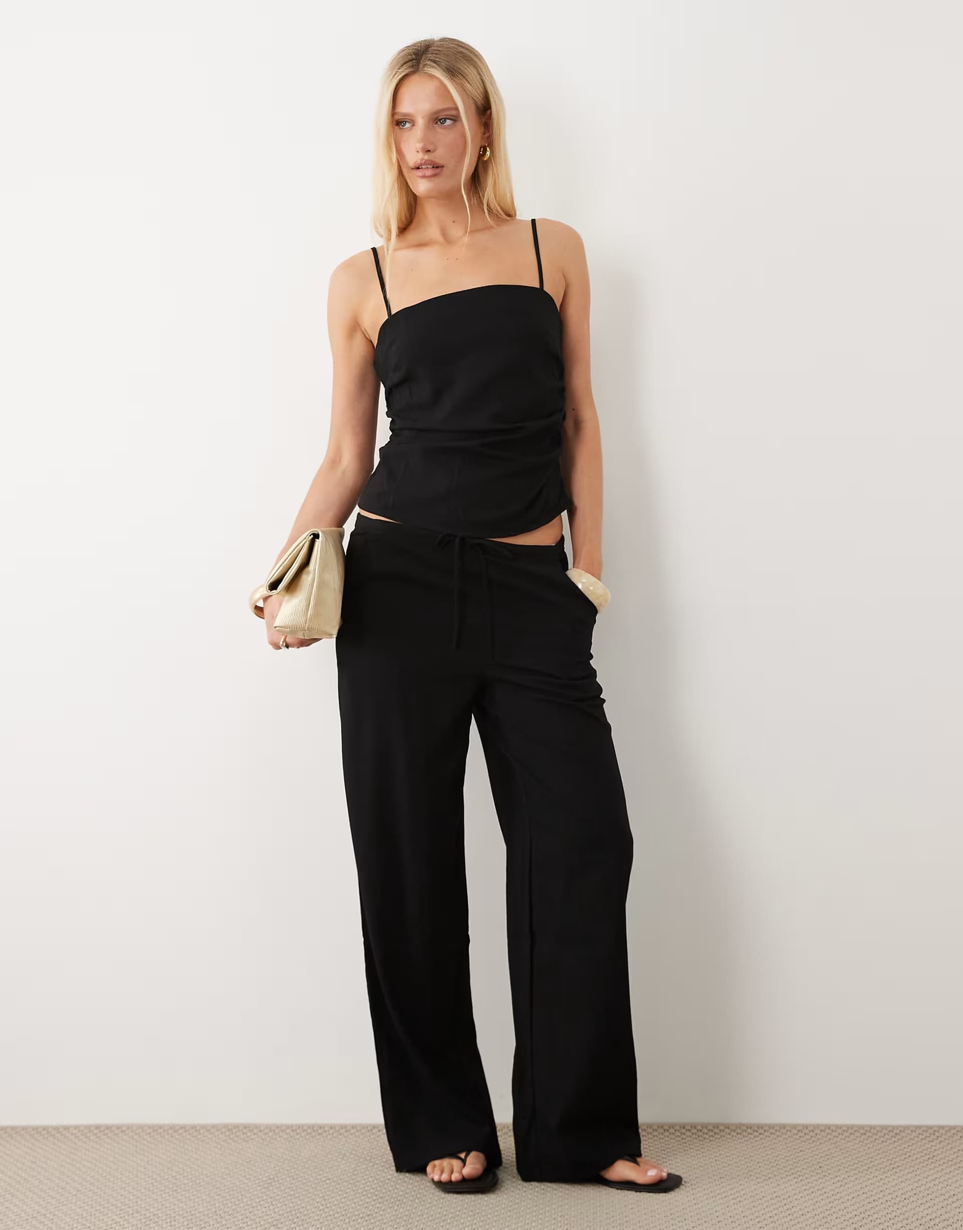 ASOS Mango Riga strappy ruched side top & trouser co-ord in black