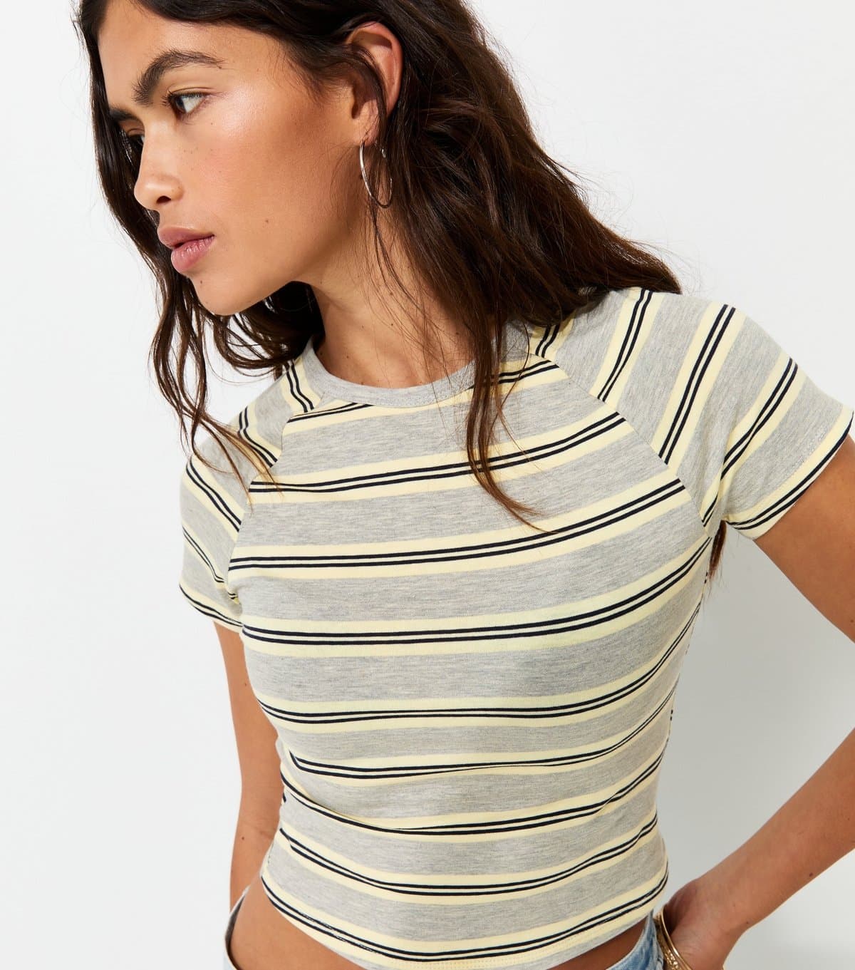 New Look Women's Grey Cotton Rich Striped Raglan Baby Tee T-Shirt New Look