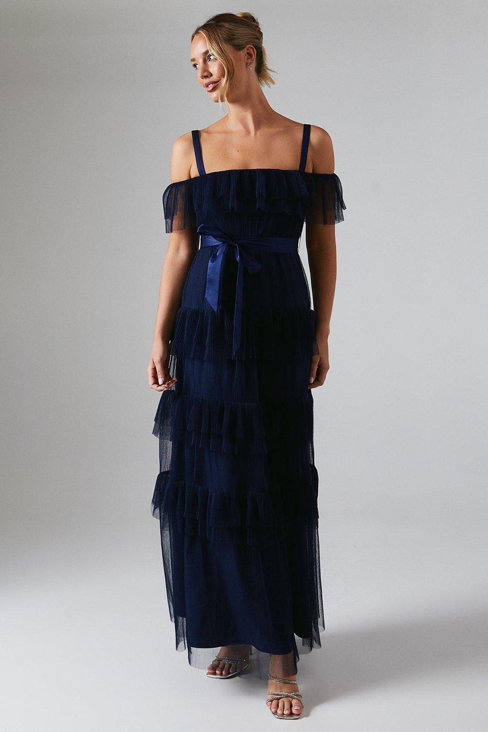 Oasis Oasis Women's Pleated Mesh Tiered Skirt Bridesmaid Dress With Satin Belt in Navy - 2
