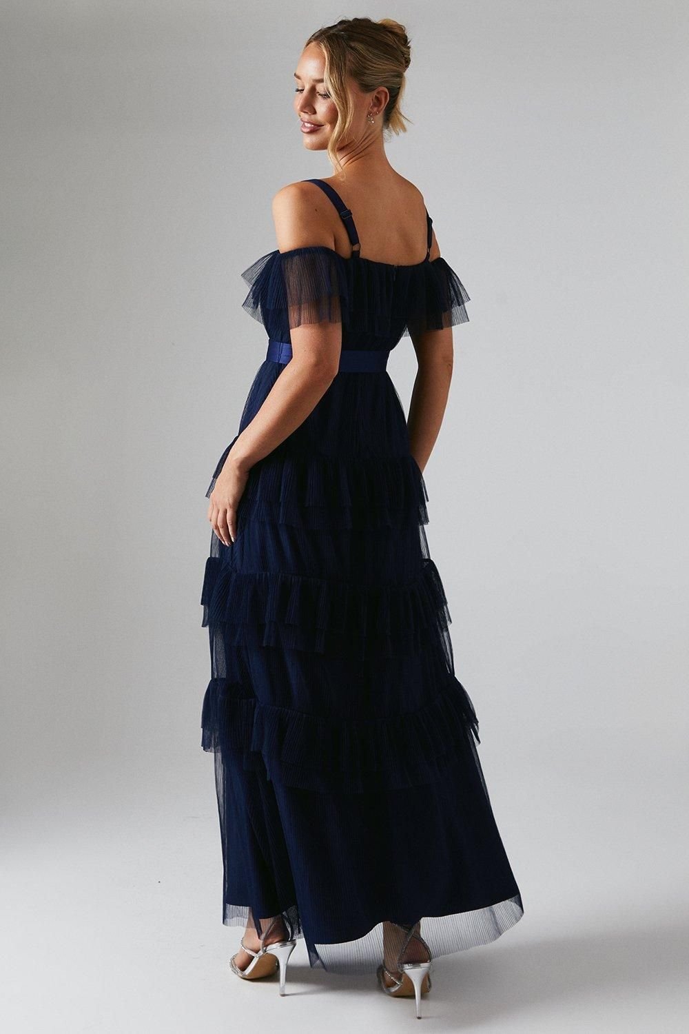Oasis Oasis Women's Pleated Mesh Tiered Skirt Bridesmaid Dress With Satin Belt in Navy - 3