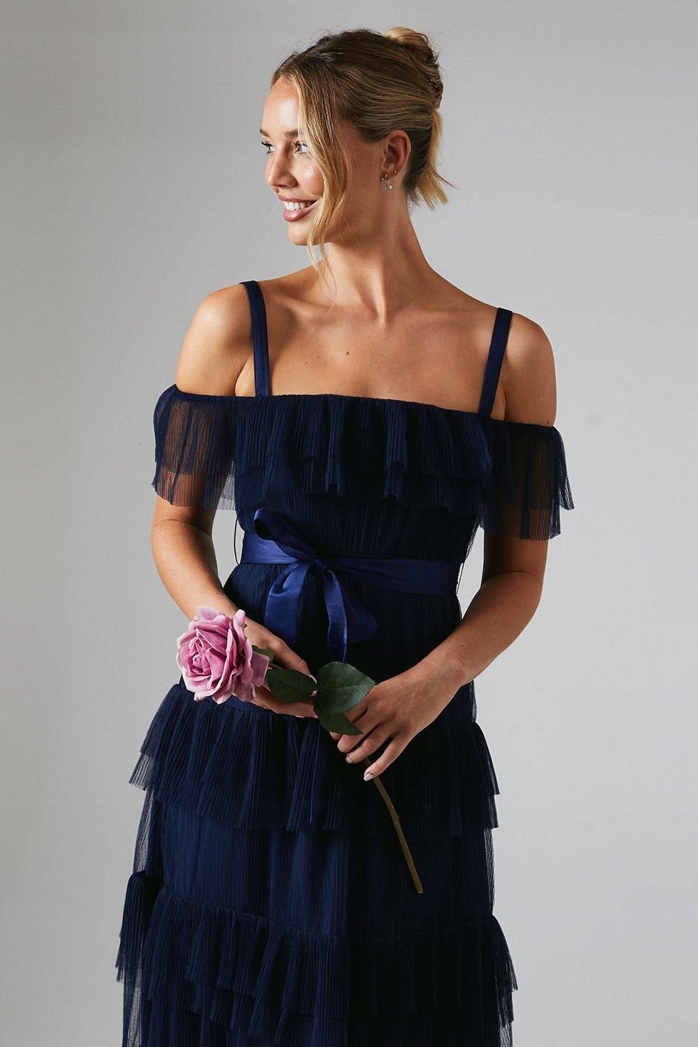 Oasis Oasis Women's Pleated Mesh Tiered Skirt Bridesmaid Dress With Satin Belt in Navy - 4