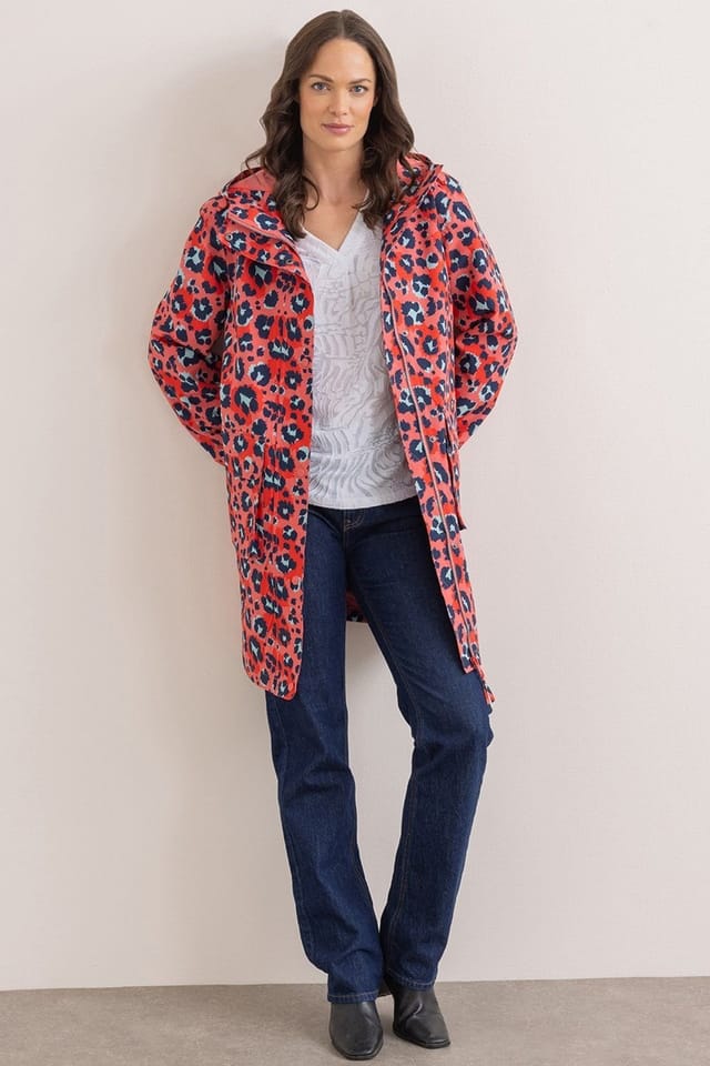 klass Klass. Women's Hooded Waterproof Animal Print Raincoat in Coral - 2
