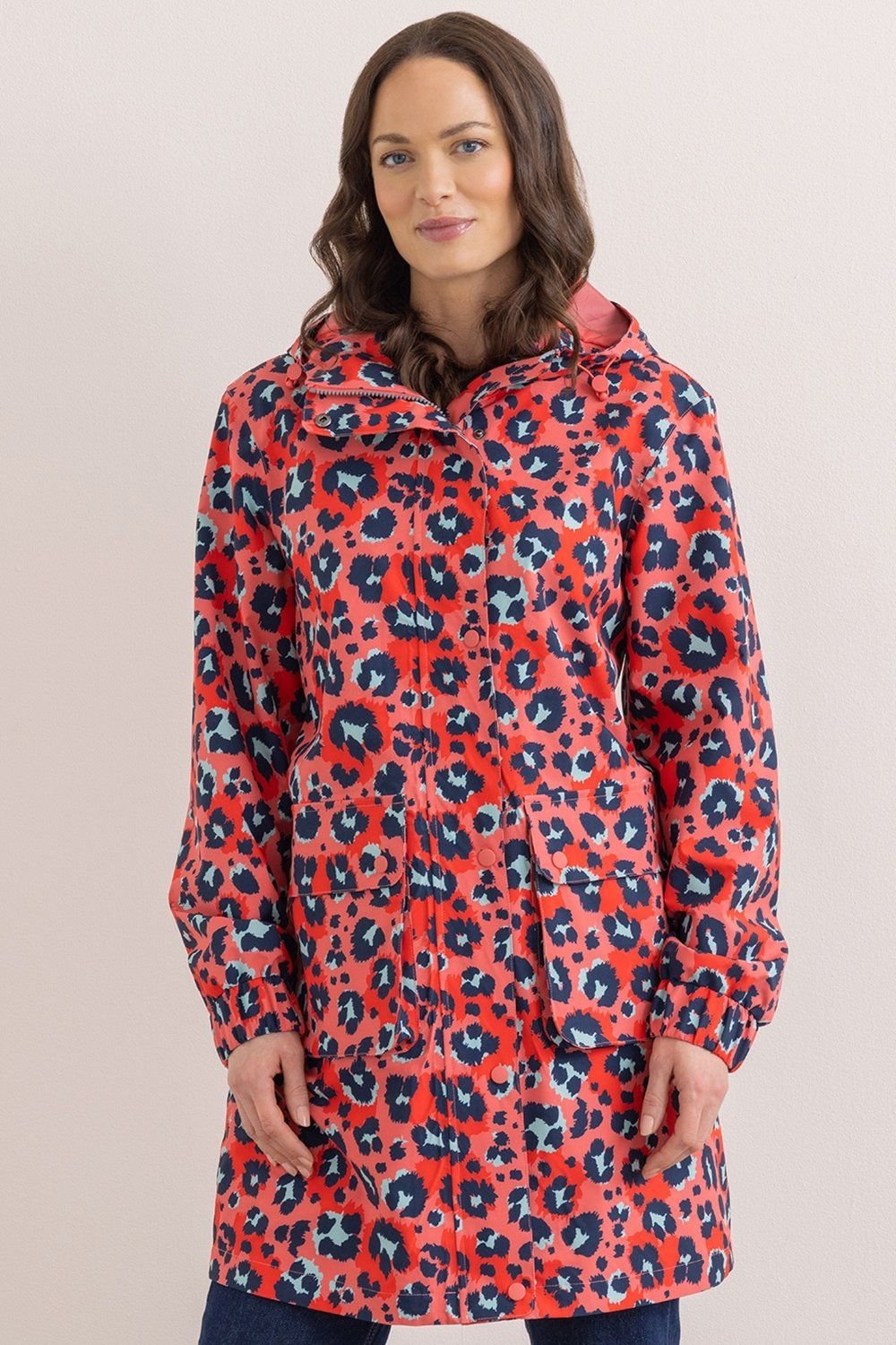 Klass. Klass. Women's Hooded Waterproof Animal Print Raincoat in Coral - 4