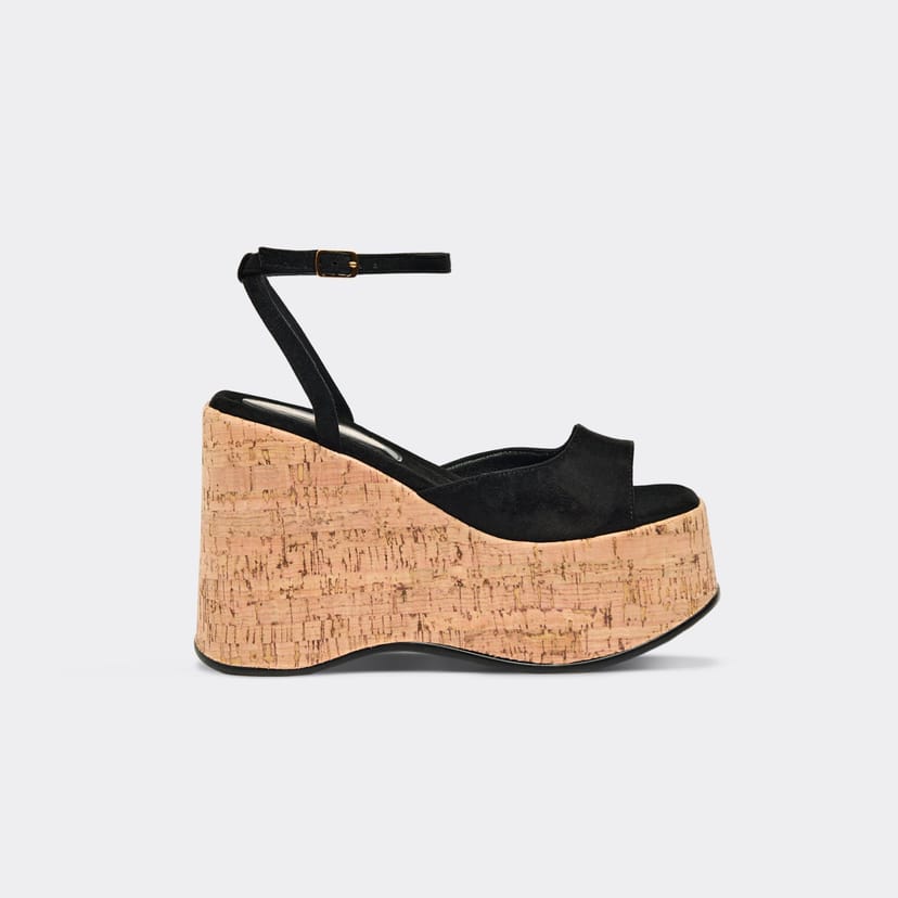 EGO Jenni Ankle Strap Cork Platform Wedge Heel In Black Faux Suede, Women's Size UK 4 - 1