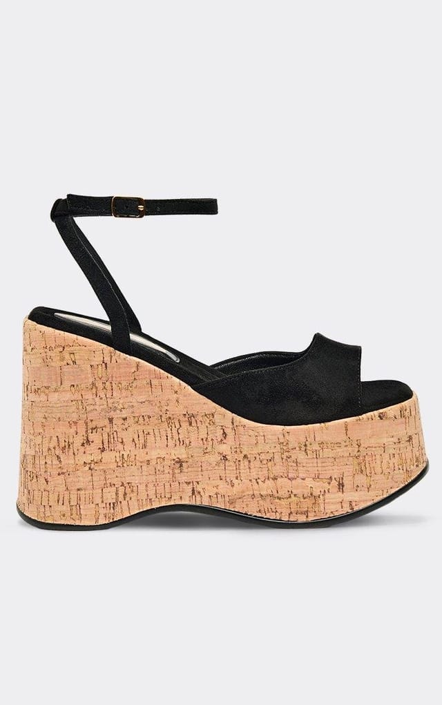 EGO Jenni Ankle Strap Cork Platform Wedge Heel In Black Faux Suede, Women's Size UK 4 - 2