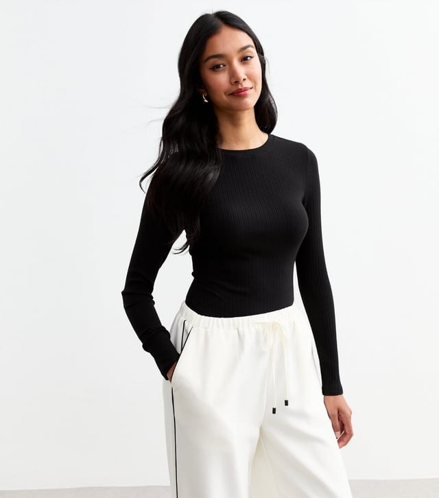 New Look Women's Black Ribbed Cotton Blend Crew Neck Bodysuit New Look - 2