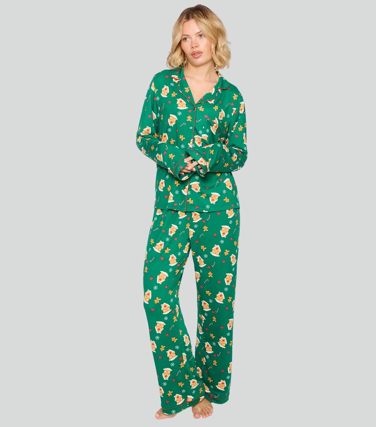 Loungeable Women's Dark Green Gingerbread House Print Wide Leg Pyjama Set Loungeable New Look - 3