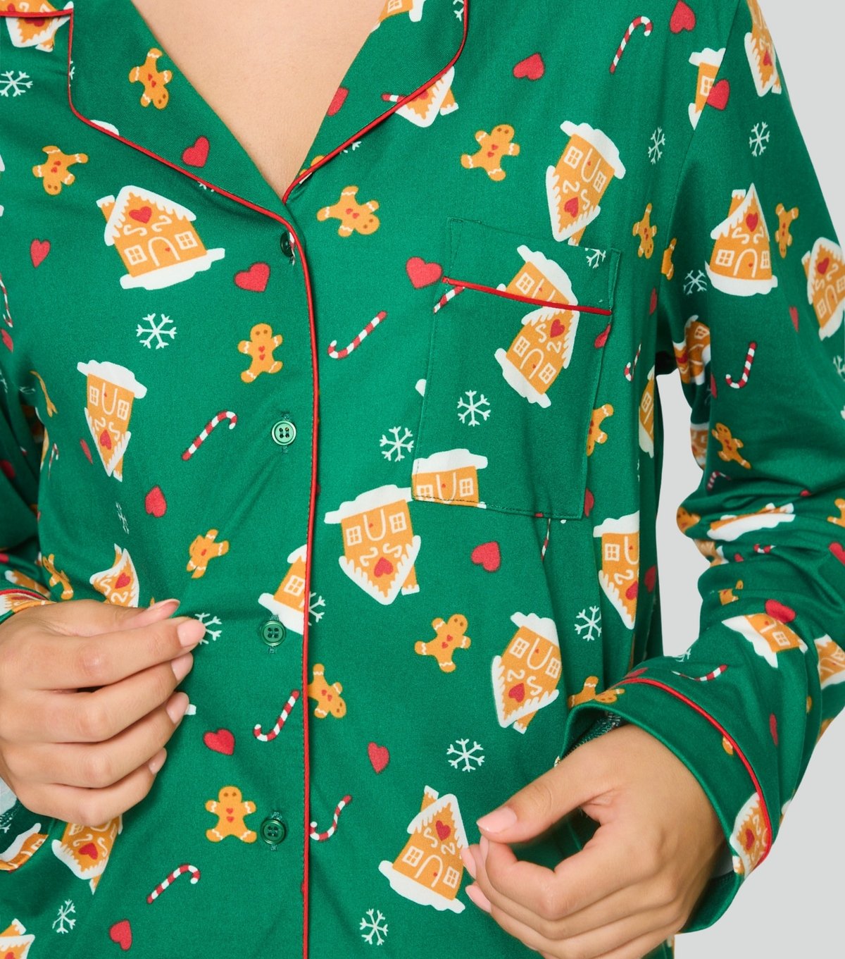 Loungeable Women's Dark Green Gingerbread House Print Wide Leg Pyjama Set Loungeable New Look - 4