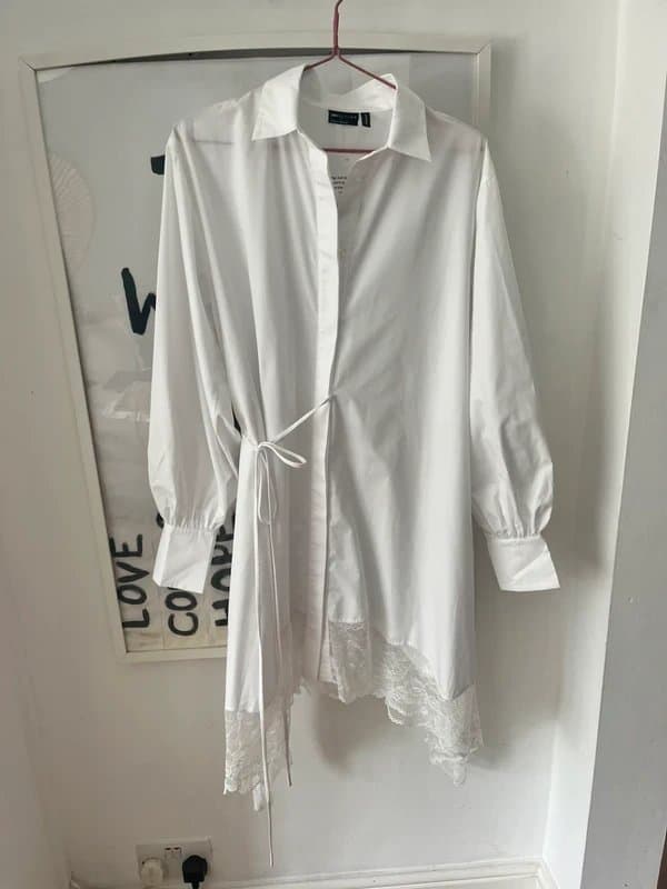ASOS ASOS Design white shirt dress side tie and a delicate lace asymmetric hem NWT, brunch, summer