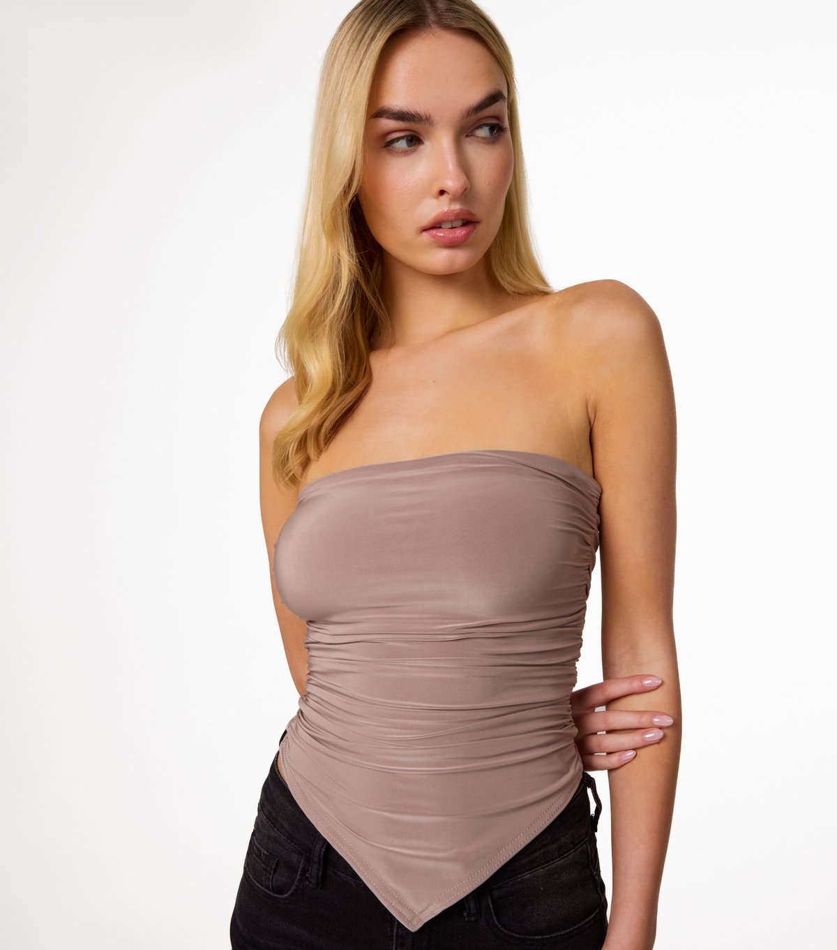 Pink Vanilla Women's Brown Ruched Slinky Bandeau Top Pink Vanilla New Look - 1