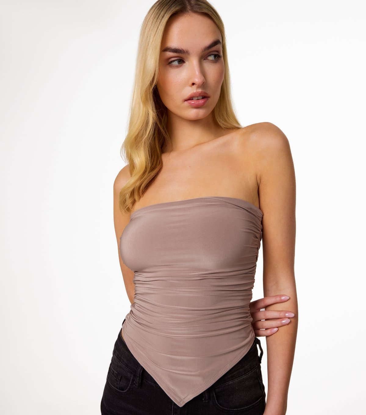 Pink Vanilla Women's Brown Ruched Slinky Bandeau Top Pink Vanilla New Look