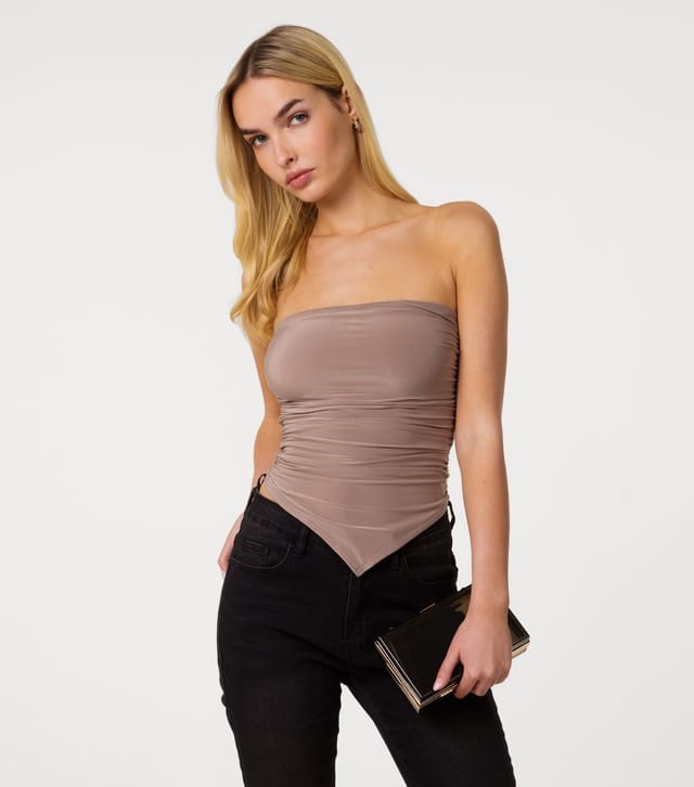 Pink Vanilla Women's Brown Ruched Slinky Bandeau Top Pink Vanilla New Look - 3