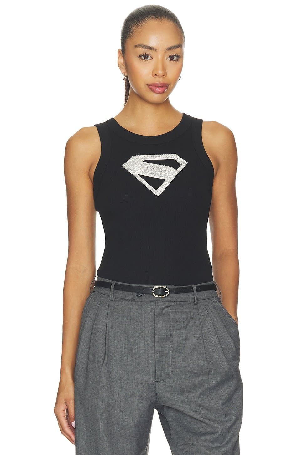revolve Revolve Black Supergirl Crystal Logo Embroidered Tank Top