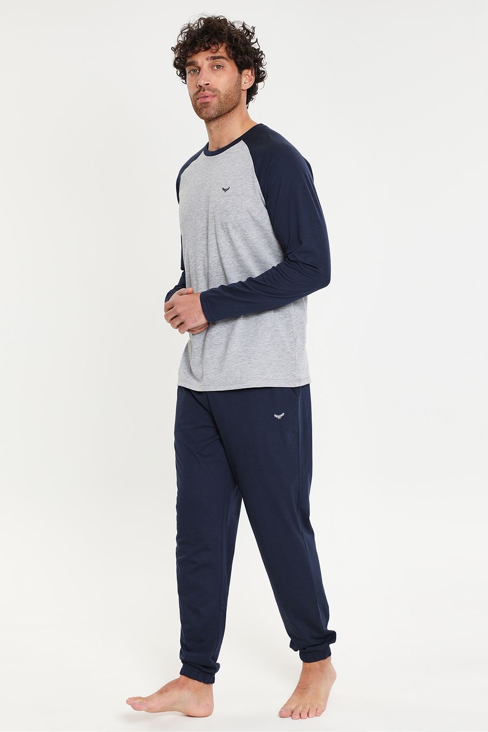 Threadbare Threadbare Men's 'Baddaway' Cotton Blend Contrast Sleeve Pyjama Set in Navy - 4