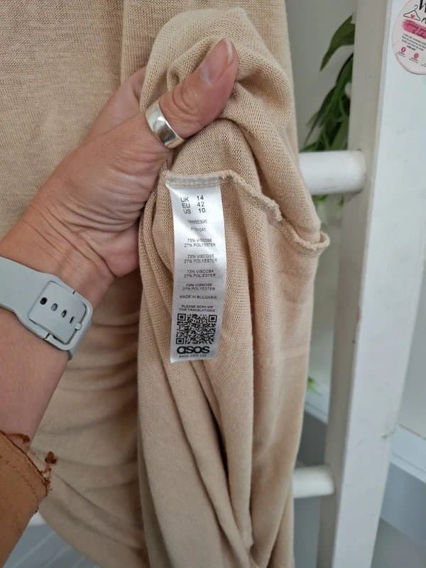 ASOS Asos long fine knit dress, beige with side split, size UK 14 (007)