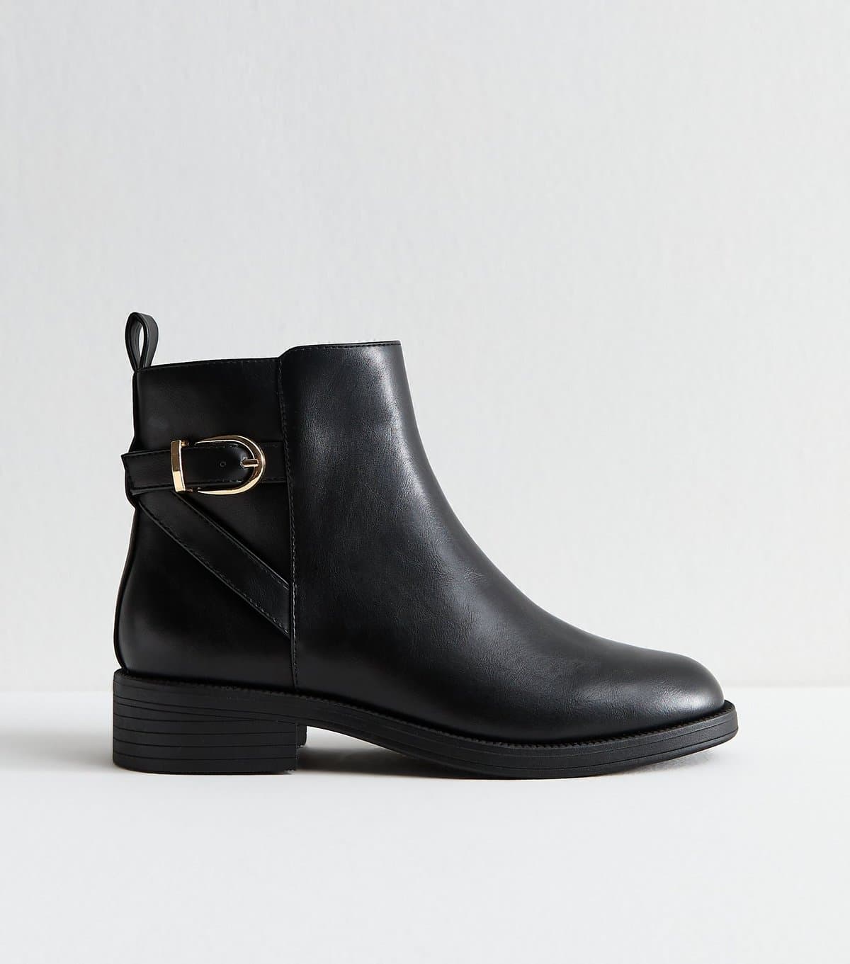 New Look Women's Wide Fit Black Faux Leather Buckle Detail Ankle Boots Vegan New Look