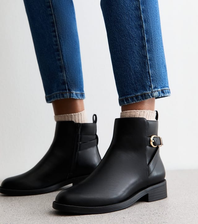 New Look Women's Wide Fit Black Faux Leather Buckle Detail Ankle Boots Vegan New Look - 2
