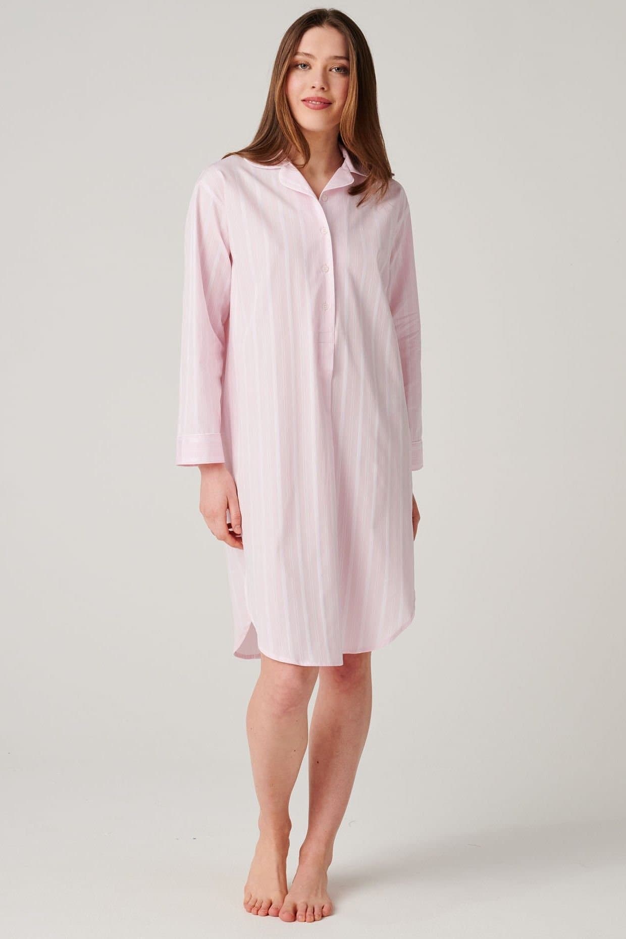 British Boxers British Boxers Women's "Shell Pink Satin Stripe" Crisp Cotton Nightshirt in Baby Pink