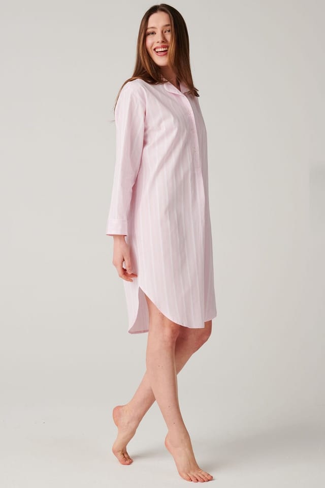 British Boxers British Boxers Women's "Shell Pink Satin Stripe" Crisp Cotton Nightshirt in Baby Pink - 2