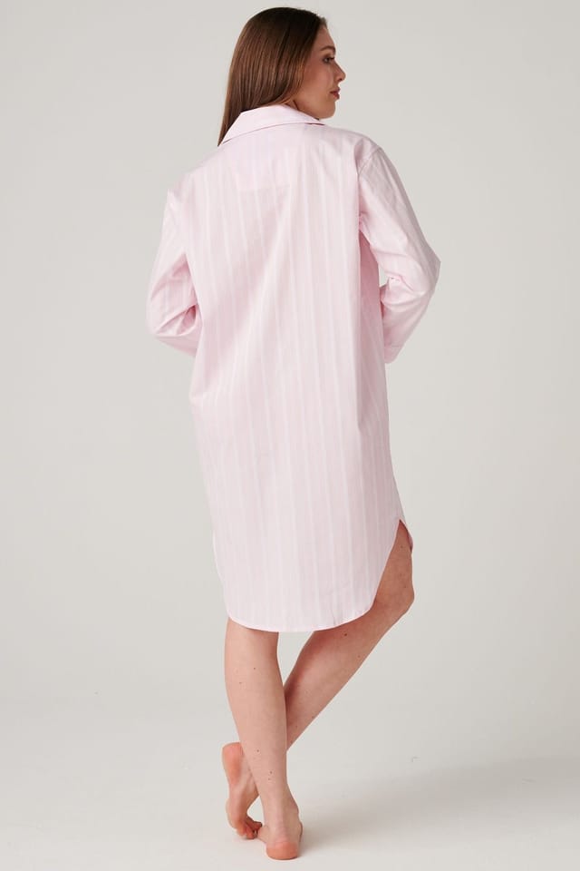 British Boxers British Boxers Women's "Shell Pink Satin Stripe" Crisp Cotton Nightshirt in Baby Pink - 3