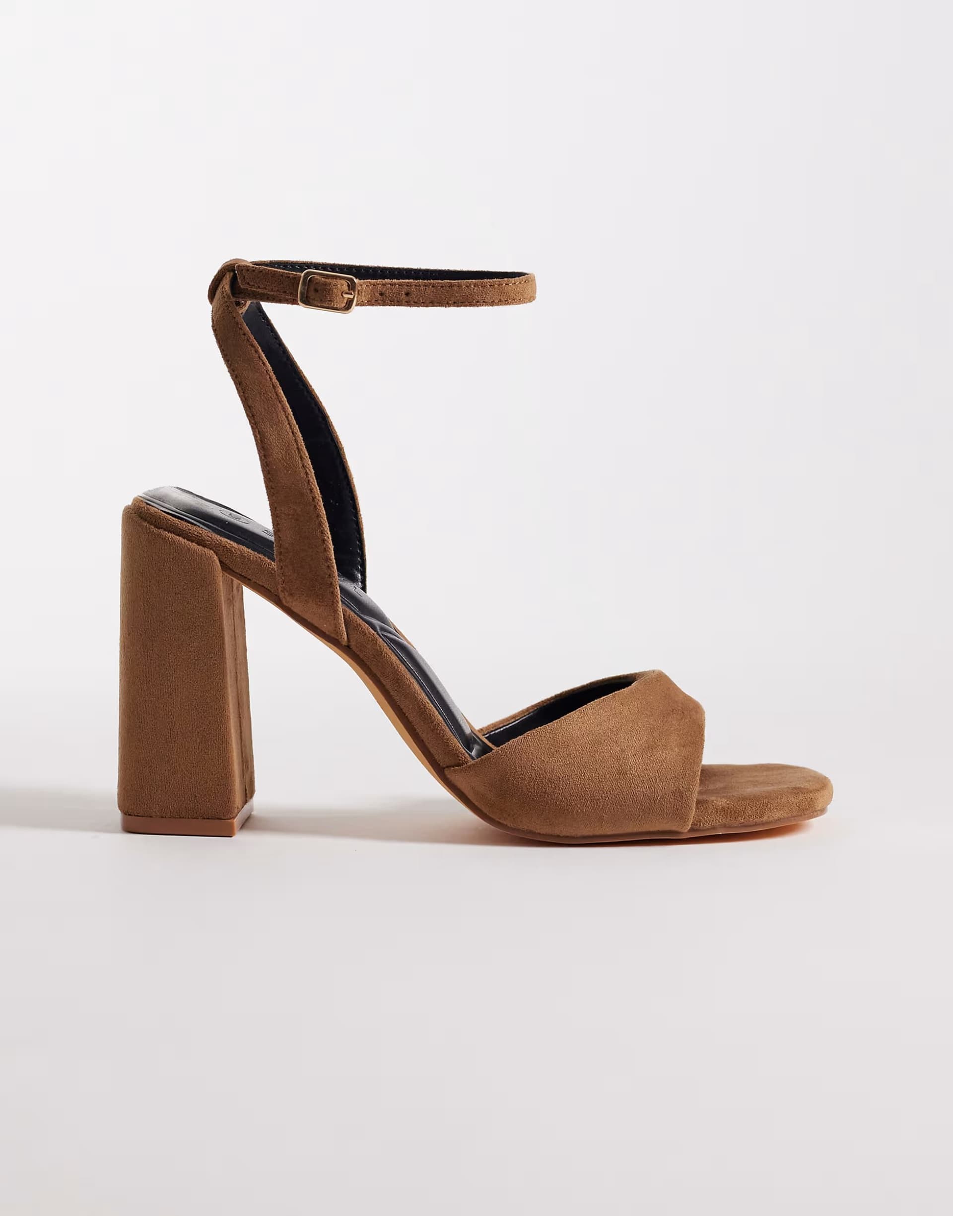 ASOS SEQWL block heeled sandal in taupe micro