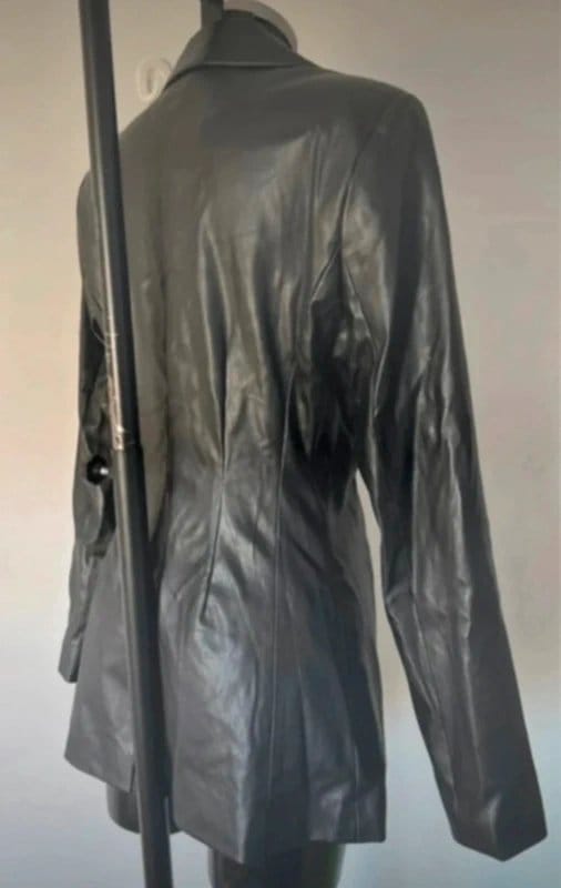 ASOS Faux Leather Cinched Waist Blazer In Black, Size UK 10