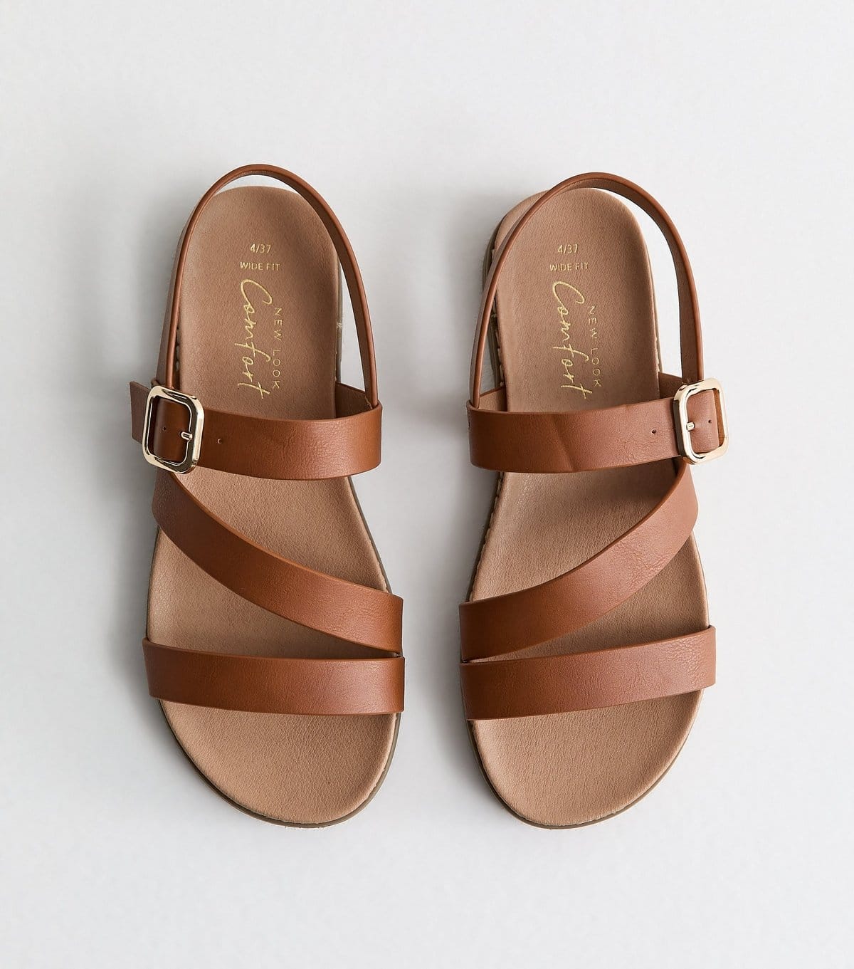 New Look Women's Wide Fit Tan Faux Leather Strappy Flat Sandals Vegan New Look - 1