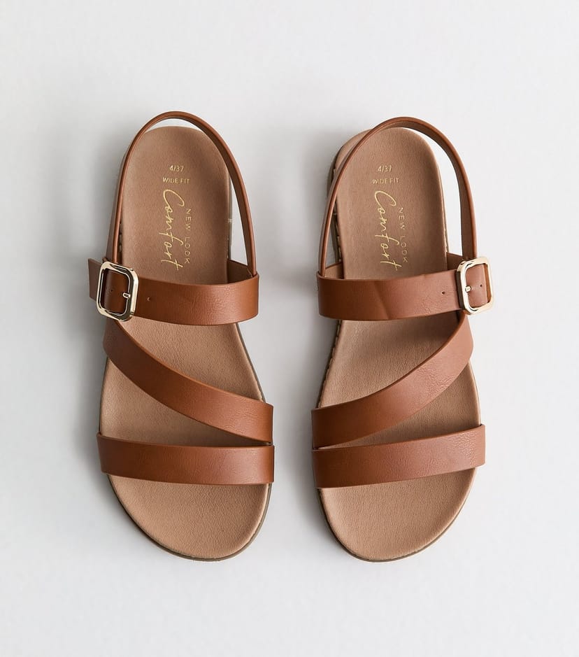 New Look Women's Wide Fit Tan Faux Leather Strappy Flat Sandals Vegan New Look - 1