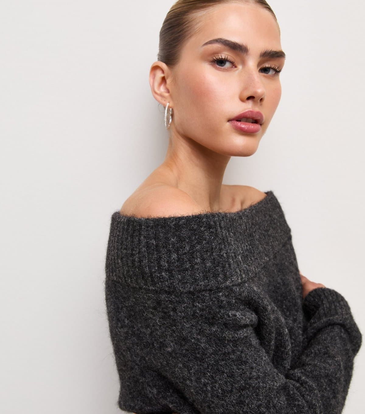 New Look Women's Dark Grey Knitted Bardot Top with Wool New Look