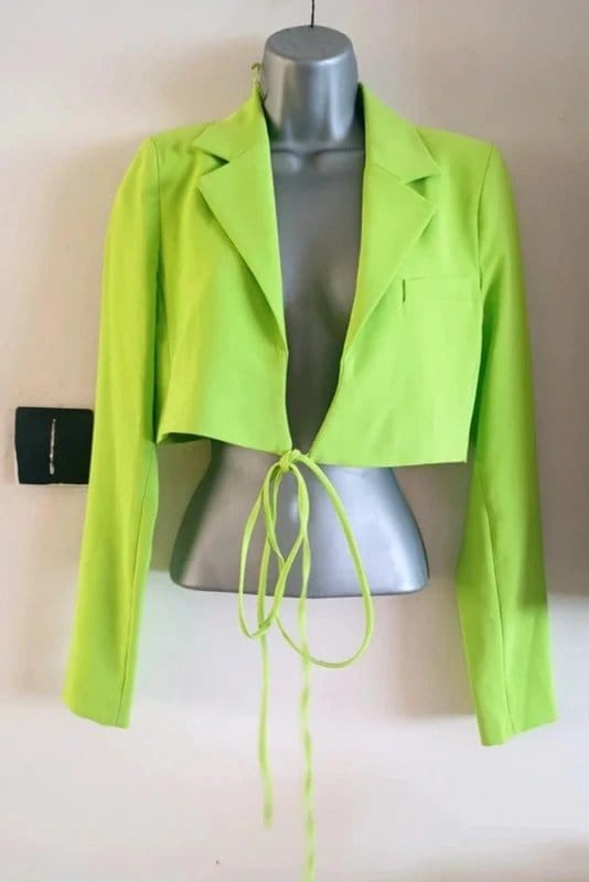 Zara Neon Lime Green Cropped Blazer S Tie Front Y2K Festival