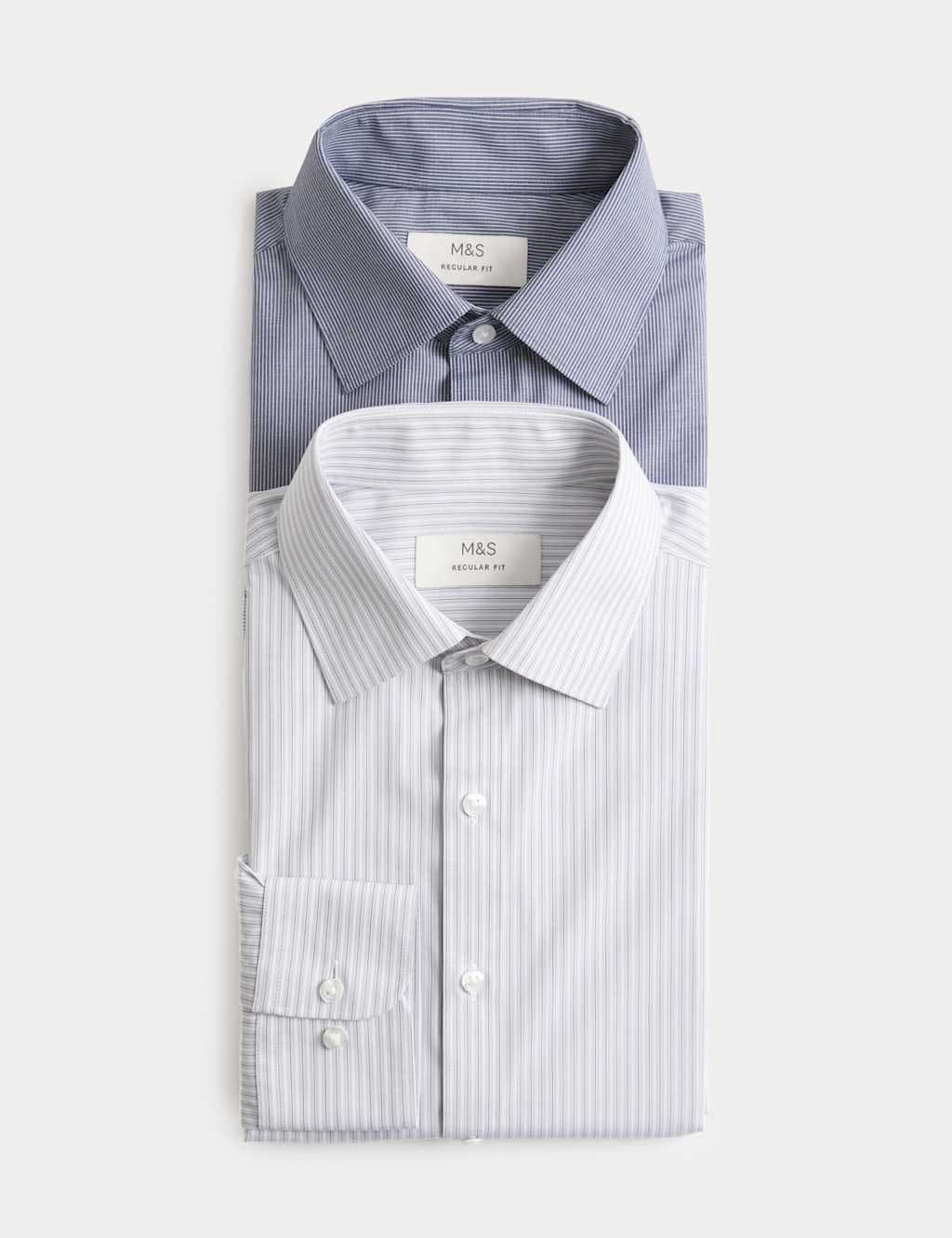 Marks & Spencer M&S 2 Pack Regular Fit Easy Iron Striped Shirts Grey Mix