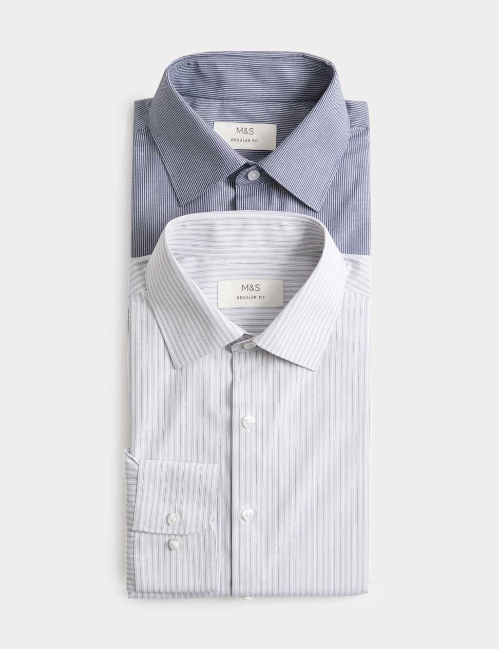 M&S Grey Mix Cotton-Blend Striped Shirts 2-Pack