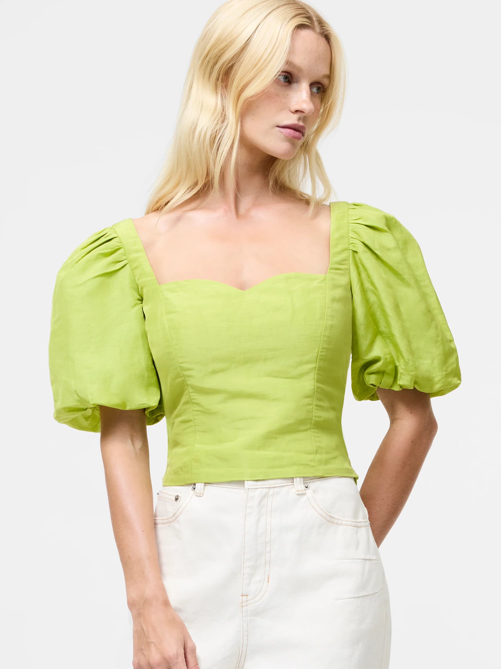 French Connection French Connection Cactus Green Linen Puff Sleeve Cropped Top