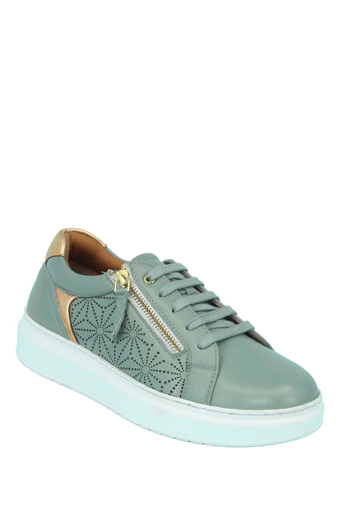 Amber Amber Women's Wide EE Fit Leather Trainer with Metallic Trim, Side Zip & Cushioned in Light Khaki - 1