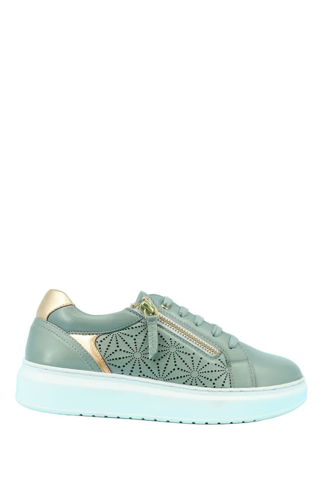 Amber Amber Women's Wide EE Fit Leather Trainer with Metallic Trim, Side Zip & Cushioned in Light Khaki - 2