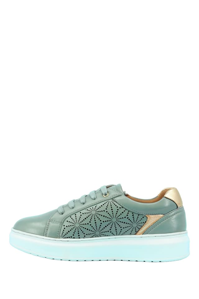 Amber Amber Women's Wide EE Fit Leather Trainer with Metallic Trim, Side Zip & Cushioned in Light Khaki - 3