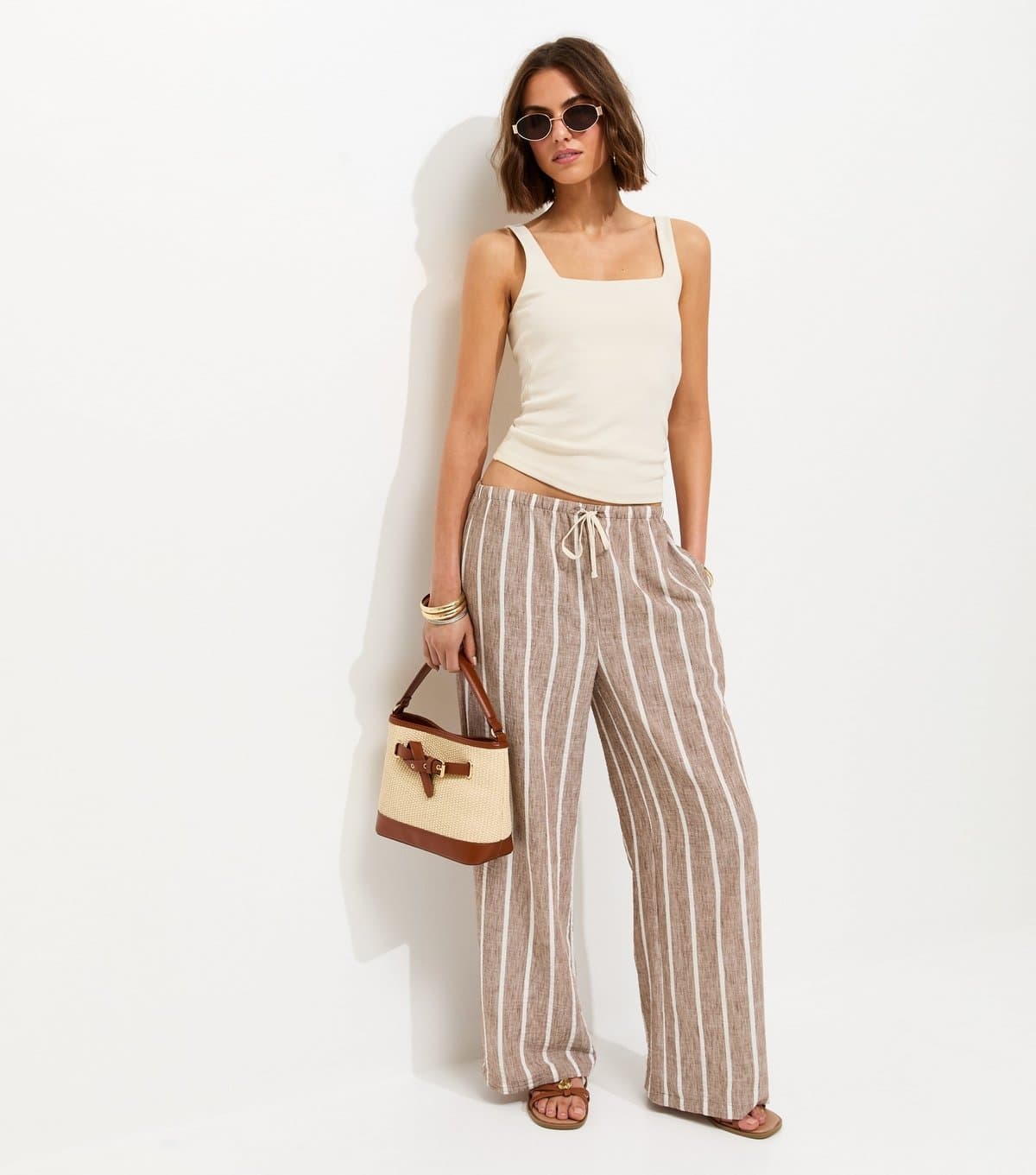 New Look Women's Brown Striped Wide Leg Trousers New Look