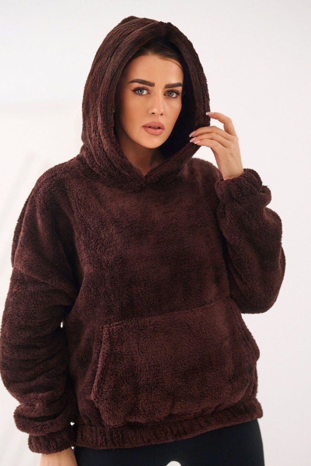 Love Lace Love Lace Women's Casual Hooded Bear Kangaroo Pocket Sweatshirt in Brown