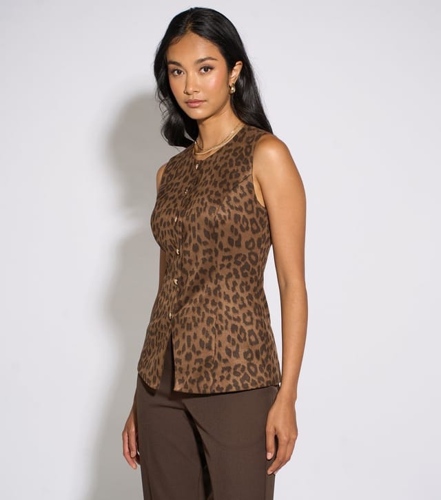 Gini London Women's Brown Leopard Print Buttoned Waistcoat Top Gini London New Look - 3