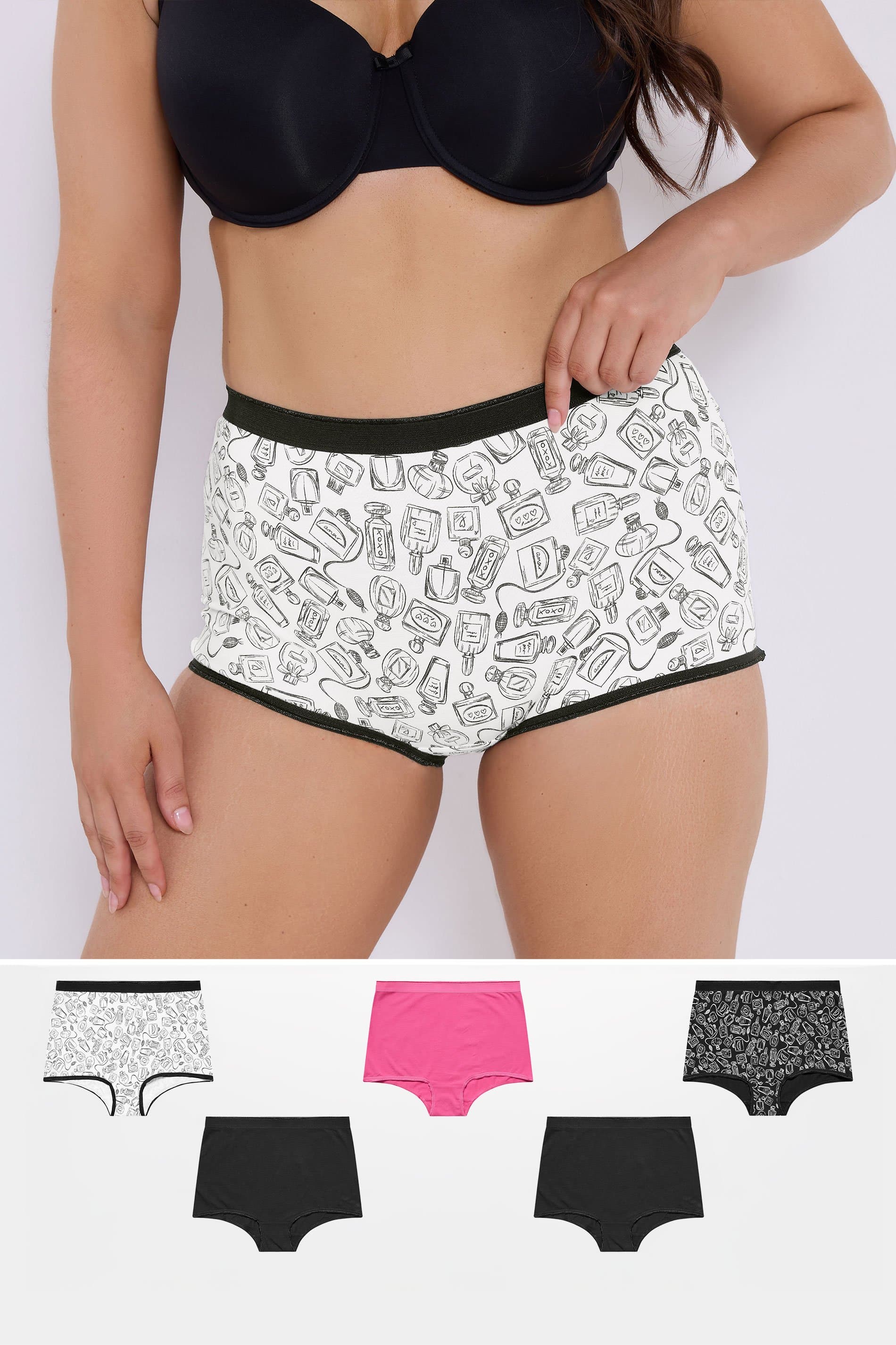 Yours 5 Pack Curve Black Perfume Bottle Print Shorts