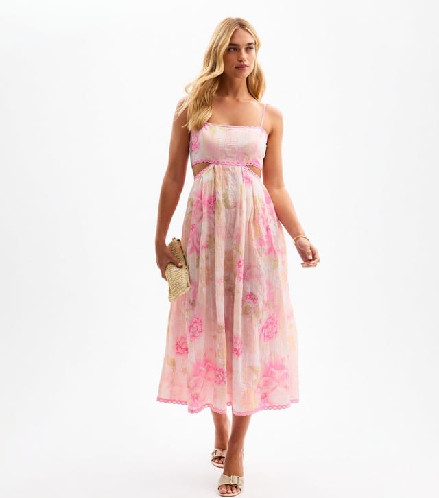 New Look Women's Pink Floral Print Textured Stripe Cut Out Maxi Dress New Look - 2