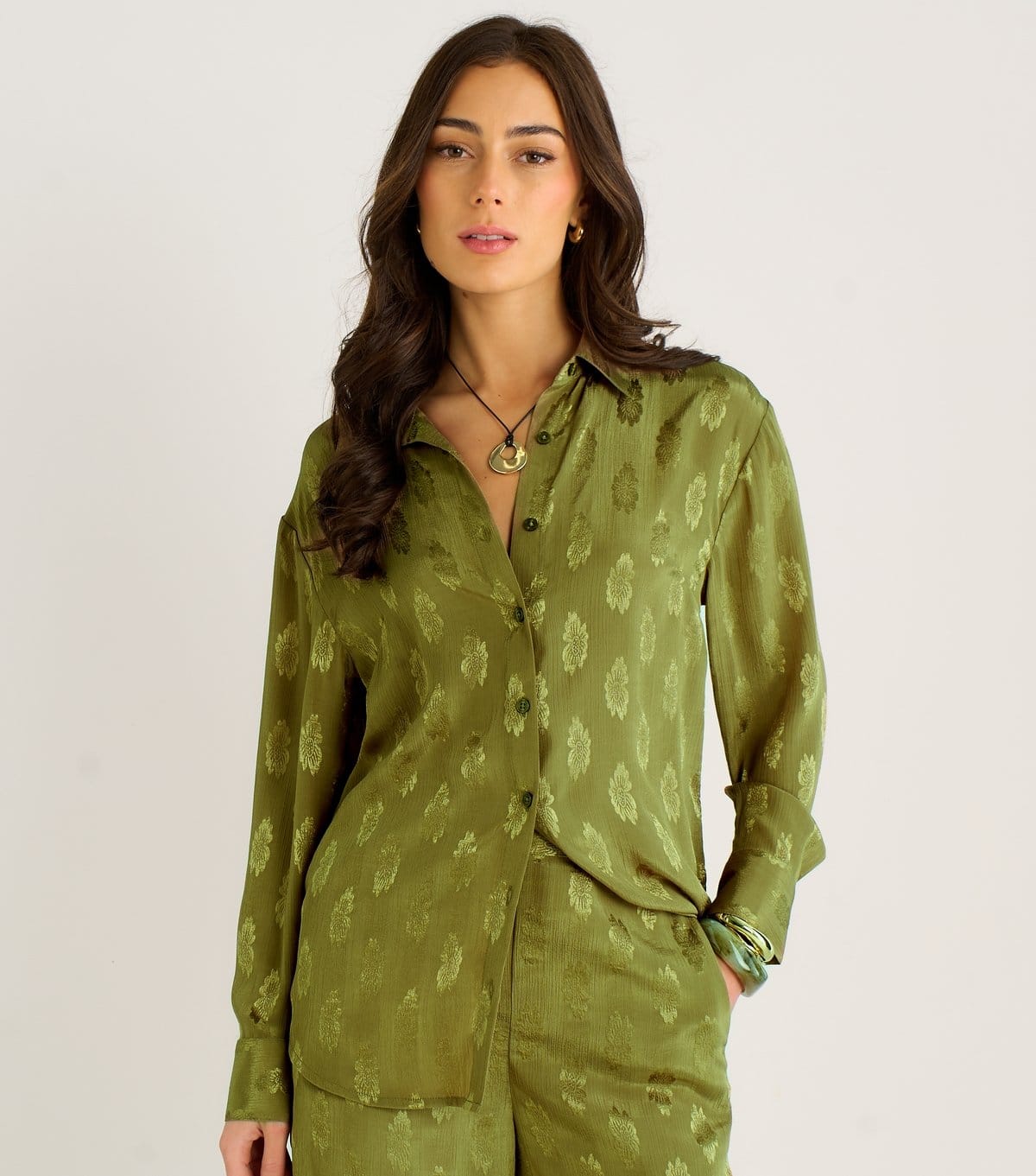 Gini London Olive Floral Satin Jacquard Shirt