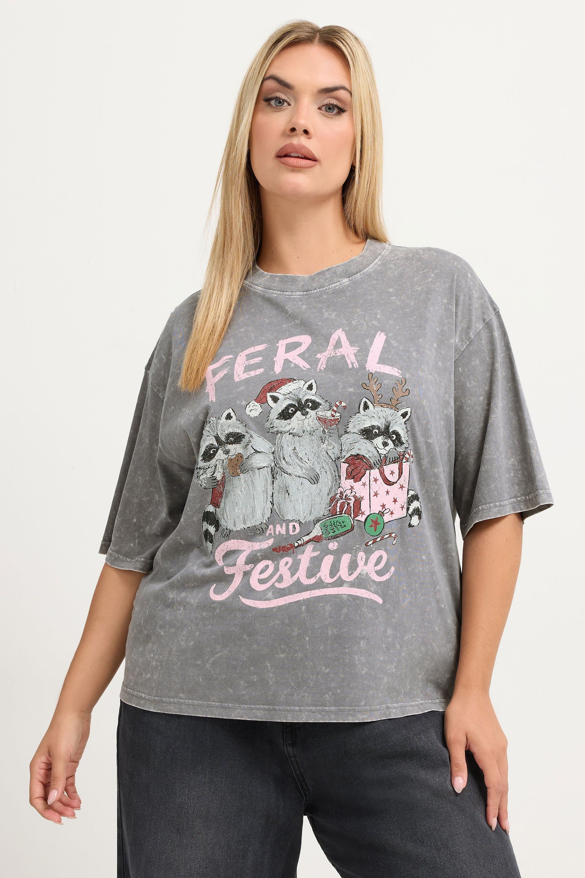Limited Collection Plus Size Grey Acid Wash 'Feral & Festive' Novelty Tshirt