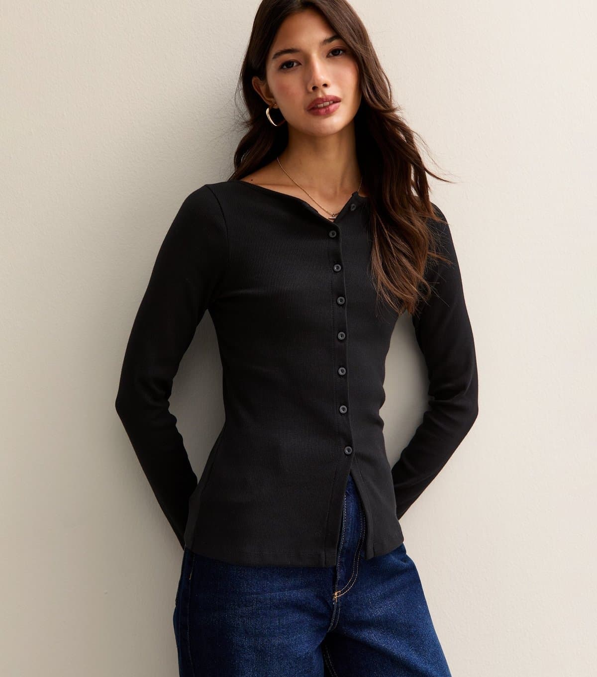 New Look Women's Black Rib Button Up Long Sleeve Top New Look