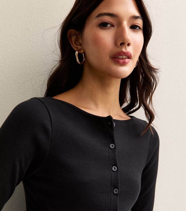 New Look Women's Black Rib Button Up Long Sleeve Top New Look - 2